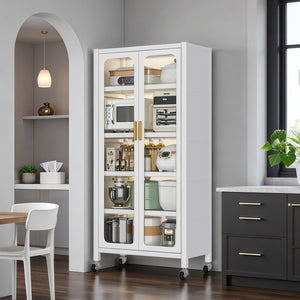 English Elm 65" Kitchen Pantry Cabinet with Transparent Double Doors, 6-Tier Adjustable Metal Shelves on Wheels, White Durable Storage Solution W3204P383016