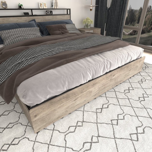 English Elm King Storage Bed with Led Lighting Charging Station Four Drawers Metal Slat Frame W2129P210693