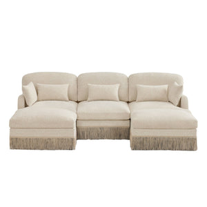 English Elm 100"comfy Chenille Leopard Print U-shaped Sectional with Tassel Trim and Modular Ottomans Beige W5656S00006