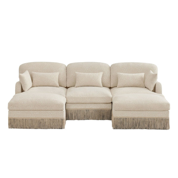 English Elm 100"comfy Chenille Leopard Print U-shaped Sectional with Tassel Trim and Modular Ottomans Beige W5656S00006