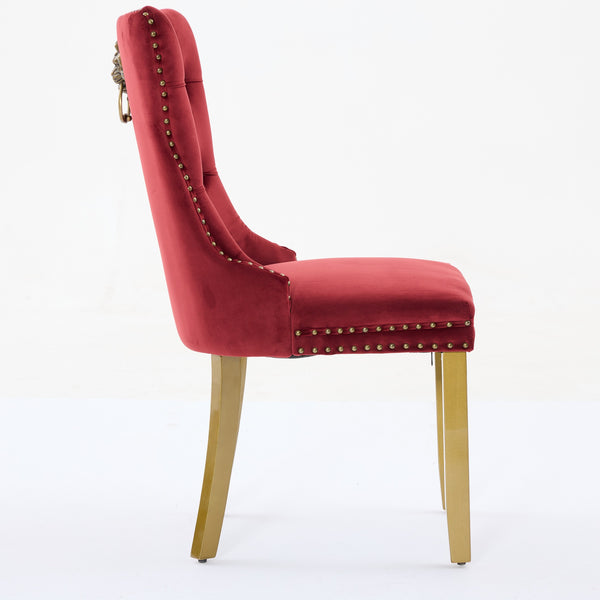 English Elm Mid-Century Tufted Velvet Dining Chair with Lion Head Pull Ring, Gold Legs, Nailhead Trim, Luxurious Support WINE RED W1143P233645