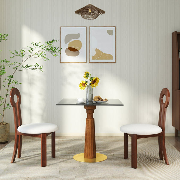 English Elm Modern Square Dining Table - 33.5" Glass Top With Wooden Legs & Gold Base For Small Spaces, 2-Person W1535S00572