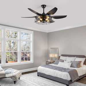 English Elm 52" Modern Black Ceiling Fan with Light Remote, 6-Blade Industrial Cage, Silent DC Motor, Reversible Speed W1340P272386