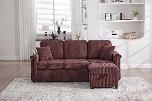 English Elm UNITED Corduroy L-Shaped Sectional Sofa with Storage Ottoman, USB Ports, Cup Holders & LED Lighting WINE RED W1568P332410