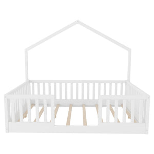 English Elm Twin Montessori Floor Bed House Frame with Led Lighting and Safety Rails for Kids White W2593P440604