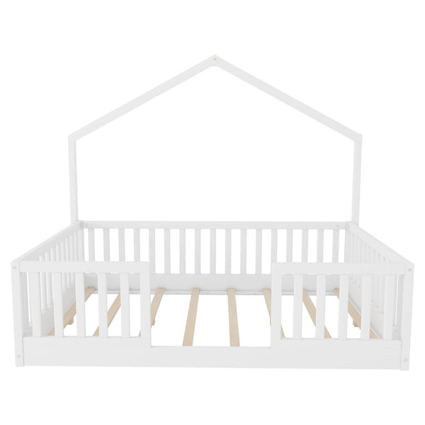 English Elm Twin Montessori Floor Bed House Frame with Led Lighting and Safety Rails for Kids White W2593P440604