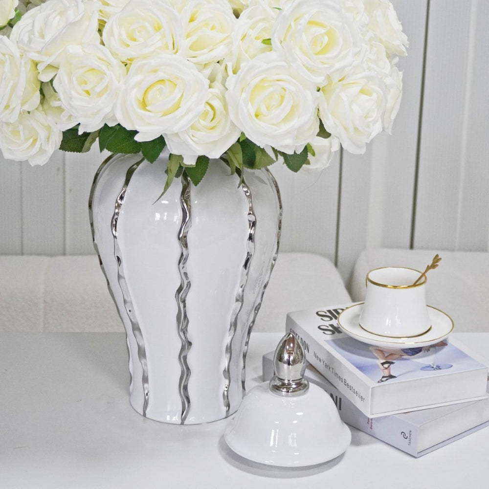 English Elm White Ceramic Ginger Jar With Elegant Silver Accent - Perfect For Modern Decor & Floral Arrangements B030P243613-GIGA