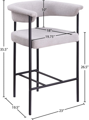 Meridian Furniture Malin Upholstered Counter Stool with Matte Black Iron Frame for Kitchen Islands and Home Bars Grey Linen Textured Fabric 426Grey-C