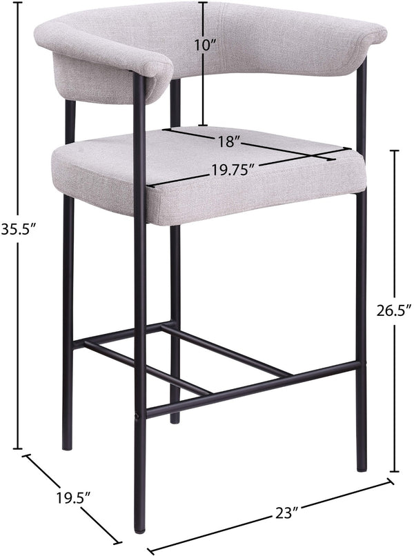 Meridian Furniture Malin Upholstered Counter Stool with Matte Black Iron Frame for Kitchen Islands and Home Bars Grey Linen Textured Fabric 426Grey-C