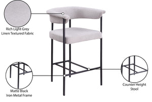 Meridian Furniture Malin Upholstered Counter Stool with Matte Black Iron Frame for Kitchen Islands and Home Bars Grey Linen Textured Fabric 426Grey-C