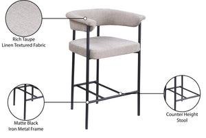 Meridian Furniture Malin Upholstered Counter Stool with Matte Black Iron Frame for Kitchen Islands and Home Bars Taupe Linen Textured Fabric 426Taupe-C