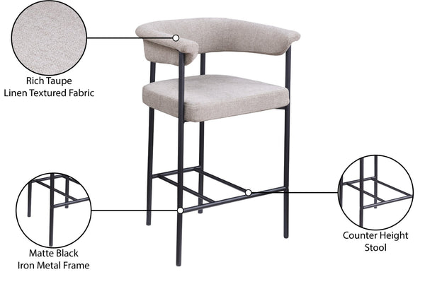 Meridian Furniture Malin Upholstered Counter Stool with Matte Black Iron Frame for Kitchen Islands and Home Bars Taupe Linen Textured Fabric 426Taupe-C
