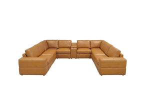 English Elm Premium Leather Match Sectional with Dual Recliners Console and Cup Holders Included Ginger B2748S00155