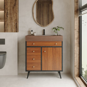 English Elm 29.9" Floating Bathroom Vanity Sintered Stone Top Soft Close Drawers Bronze Gold Hardware Brown,Walnut,White W3136S00045