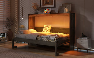 English Elm Twin Size Murphy Bed With Integrated Led Light - Space-Saving Foldable Cabinet For Stylish Living N7090004013D-GIGA