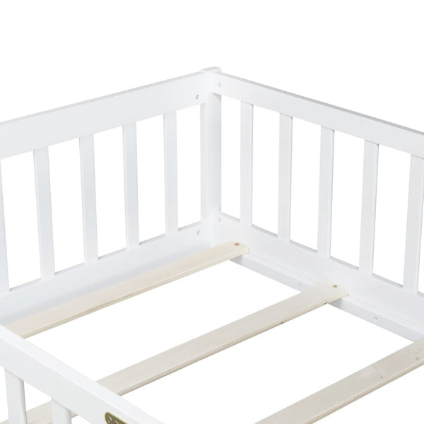 English Elm Twin Low Profile Rubberwood Floor Bed with Full Safety Fence for Toddler Rooms White W504P429270