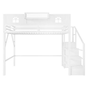English Elm Queen Size Loft Bed With House-Shaped Guardrails, Stairs & Wardrobe - Perfect For Kids & Teens! W2593S00038-GIGA