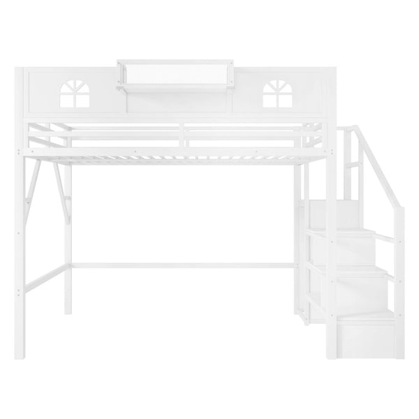 English Elm Queen Size Loft Bed With House-Shaped Guardrails, Stairs & Wardrobe - Perfect For Kids & Teens! W2593S00038-GIGA