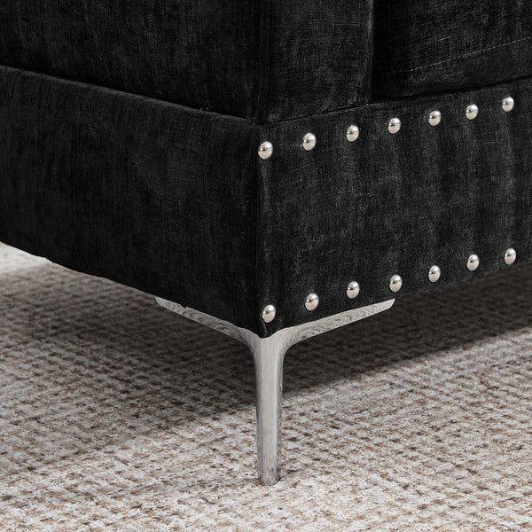 English Elm Sectional L-Shaped Chenille Sofa with Chaise Storage Ottoman, Metal Eucalyptus Frame, 4-Seater Spacious Black W1413S00117