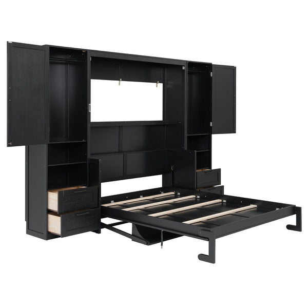 English Elm Queen Murphy Fold Down Wall Bed with Wardrobe Drawers and Shelves for Guest Rooms LP000909AAB