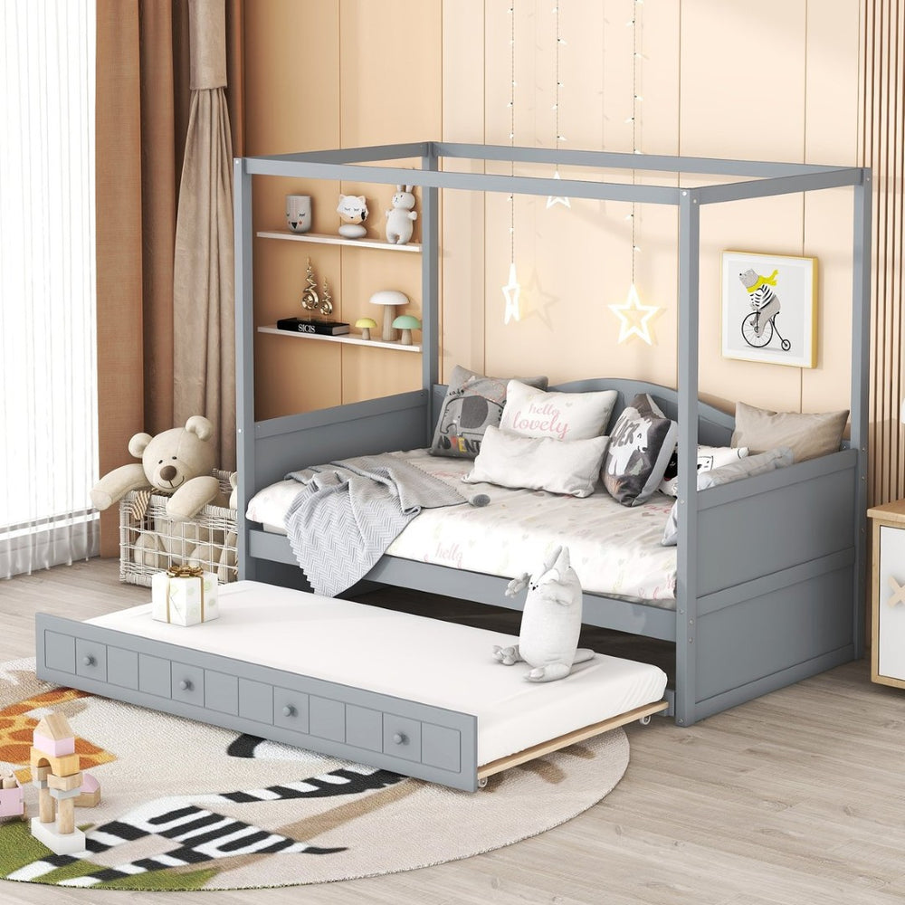 English Elm Twin Canopy Daybed with Pull Out Trundle Pinewood Frame for Kids or Guest Rooms N708P373423E