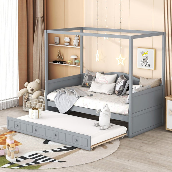 English Elm Twin Canopy Daybed with Pull Out Trundle Pinewood Frame for Kids or Guest Rooms N708P373423E