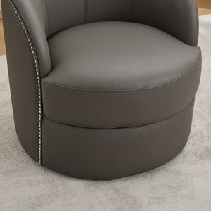 English Elm Gray Top-Grain Leather Swivel Accent Chair with 360° Smooth Spin, Riveted Mid-Century Lounge for Living Room/Office - Durable 150kg Capacity W570P386953