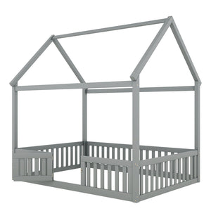 English Elm Full Size Pine House Bed with Pitched Roof Fence and Door for Kids Playroom WF531502AAE