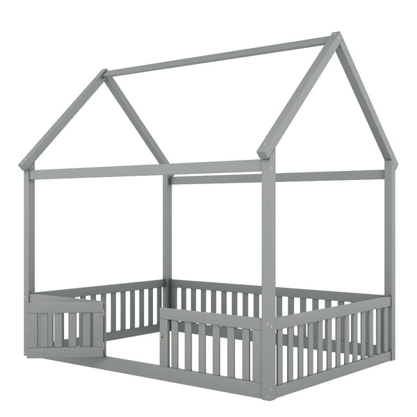 English Elm Full Size Pine House Bed with Pitched Roof Fence and Door for Kids Playroom WF531502AAE