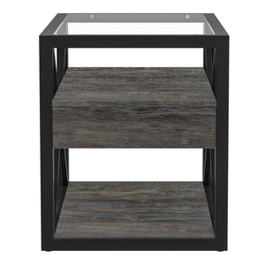 English Elm 1 Modern End Table With Drawer - Industrial Rustic Wood & Glass Nightstand, Compact Storage Solution W241P246916