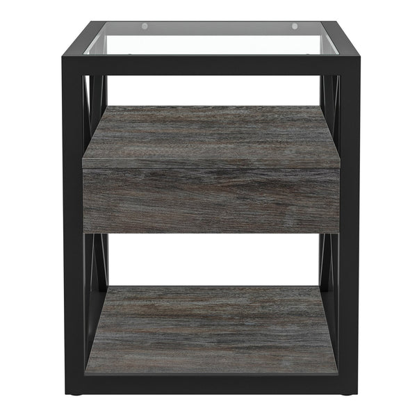 English Elm 1 Modern End Table With Drawer - Industrial Rustic Wood & Glass Nightstand, Compact Storage Solution W241P246916