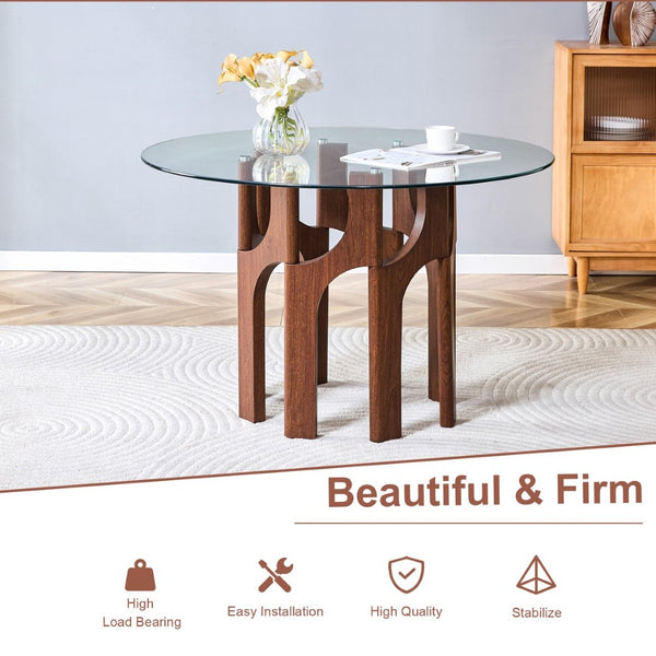English Elm Round Tempered Glass Dining Table Sculptural Geometric Mdf Base Seats Four Compact Walnut W3875P387156
