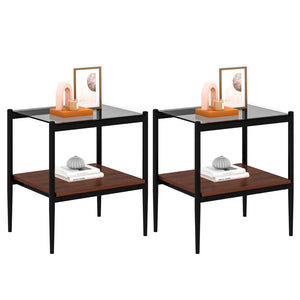 English Elm Set Of 2 Modern Rectangle End Tables With Gray Glass Top, Mdf Storage Shelf & Sturdy Iron Legs W241P184249-GIGA