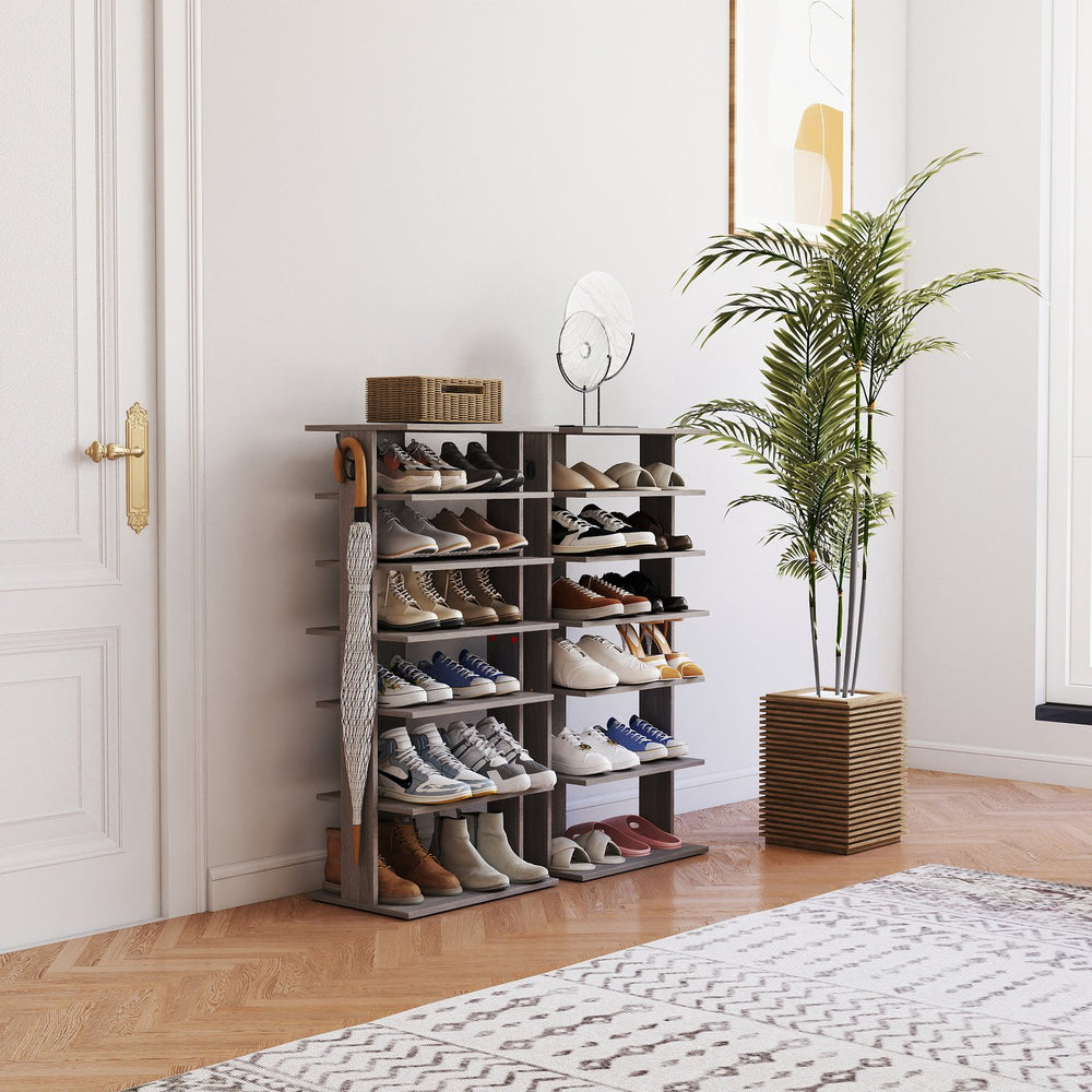 English Elm Shoe 7-Tier Vertical Shoe Rack with Hooks - Rustic Gray Organizer for 12-14 Pairs, Space-Saving Entryway W3151P346291