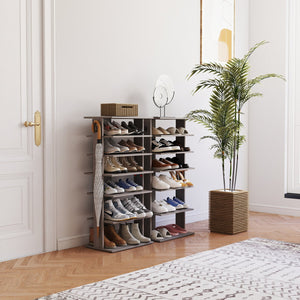 English Elm Shoe 7-Tier Vertical Shoe Rack with Hooks - Rustic Gray Organizer for 12-14 Pairs, Space-Saving Entryway W3151P346291