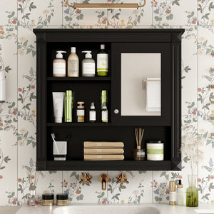English Elm 32'' Bathroom Wall Cabinet Mirror — 32-inch Wall-Mounted Medicine Cabinet with Adjustable Shelves for Streamlined Bathroom Storage and Stylish Organization Black N710P254922B