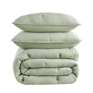 English Elm 3-piece Cotton Muslin Quilt Set with Embroidered Tacking for a Relaxed Bedroom Sage B035P408343