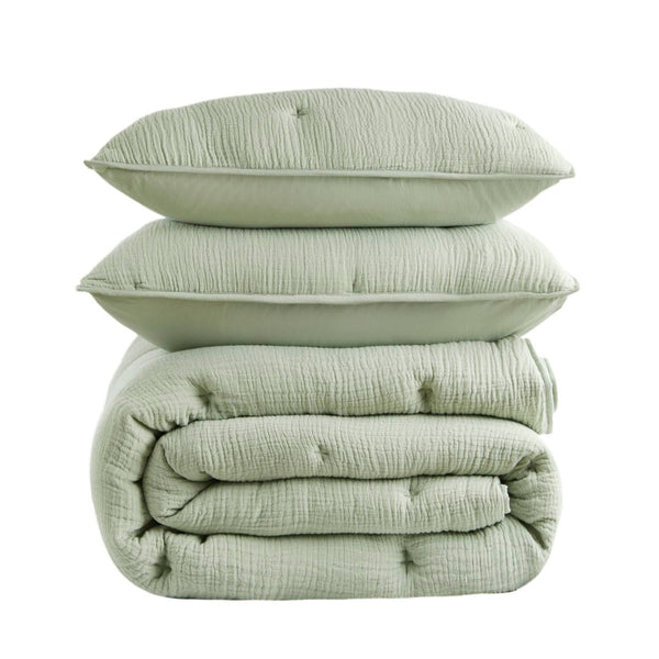 English Elm 3-piece Cotton Muslin Quilt Set with Embroidered Tacking for a Relaxed Bedroom Sage B035P408343