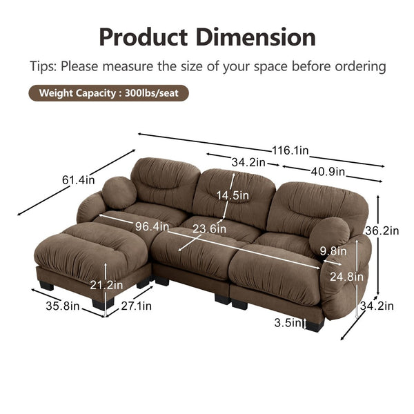 English Elm Pleated Chenille Sectional Sofa with Ergonomic Foam Sculptural Curved Armrests Living Room Brown W5656S00059