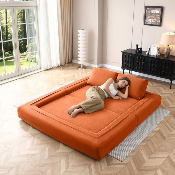 English Elm 81'' Corduroy Floor Sofa Convertible Loveseat Futon Sleeper with Foam Fill and Pillows Orange W1117P459732