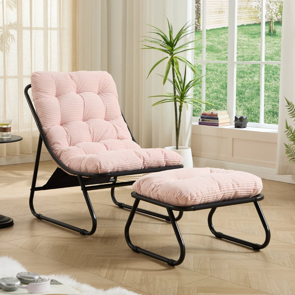 English Elm Patio Sling Lounge Chair with Ottoman Steel Frame Corduroy Cushion Indoor Outdoor W640P443497