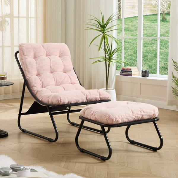 English Elm Patio Sling Lounge Chair with Ottoman Steel Frame Corduroy Cushion Indoor Outdoor W640P443497