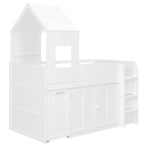 English Elm Twin House Loft Bed with Pull Out Rolling Desk Stair Drawers and Cabinet Storage White N820S00072K