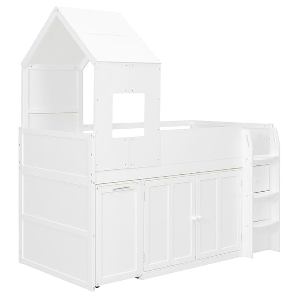 English Elm Twin House Loft Bed with Pull Out Rolling Desk Stair Drawers and Cabinet Storage White N820S00072K