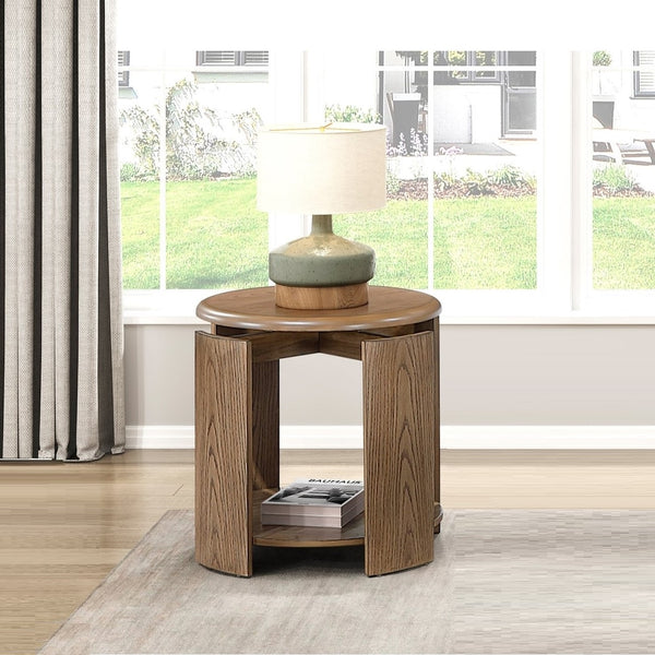 English Elm Brown Round Swivel Top Coffee Table with Oak Veneer, Open Shelf & Casters for Stylish Living Brown 26 L x 26 W x 10 H B011P351965
