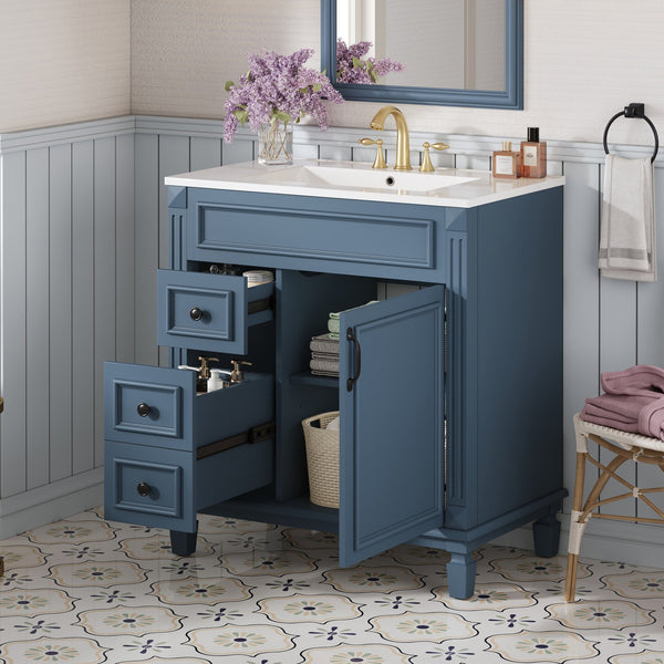 English Elm 30" Bathroom Vanity With Elegant Ceramic Sink – French-Inspired Design, Soft-Close Drawers & Storage N710P323328C