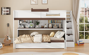 English Elm House-shaped Pine Bunk Bed with Built-in Slide Storage Staircase Twin Over Full Kids Frame White N820S00067K