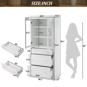 English Elm 70.1" Modern Tall Storage Cabinet with 3 Drawers, 2 Adjustable Shelves, Soft-Close Glass Doors, Gold Handles White N729P271979K