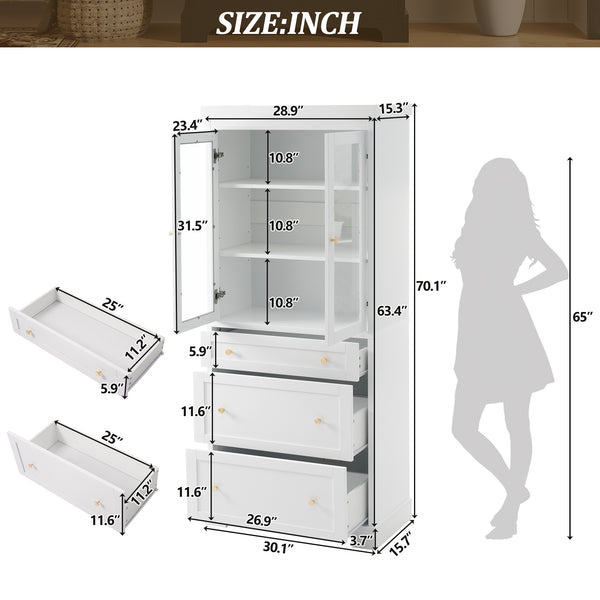 English Elm 70.1" Modern Tall Storage Cabinet with 3 Drawers, 2 Adjustable Shelves, Soft-Close Glass Doors, Gold Handles White N729P271979K