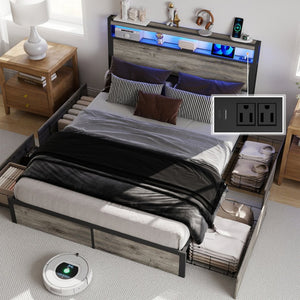 English Elm Queen Metal Platform Bed with Rgb Led Headboard Charging Station and Underbed Storage T3963P482868